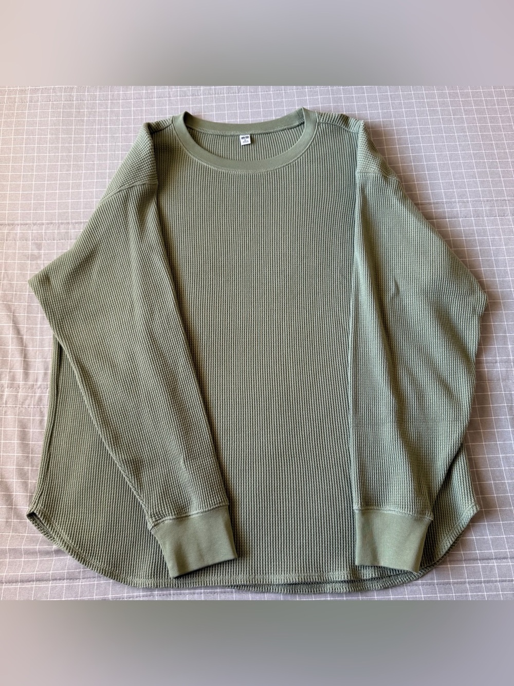 Uniqlo Waffle Knit Thermal Long Sleeve Shirt Womens XL Olive Green Crew Neck